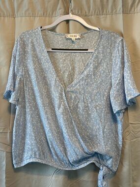 Pink Rose Soft Blue Floral Wrap Tie Blouse